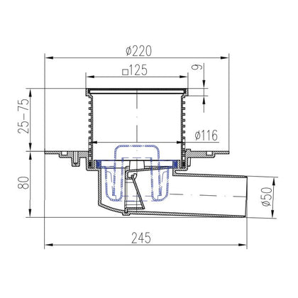Sifon de pardoseala MCH universal cu iesire orizontala DN 50/H reglabil, otel inox cu flansa