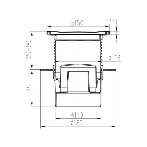 Sifon de pardoseala MCH cu iesire verticala DN 110/H reglabil, complet din otel inox cu guler/flansa