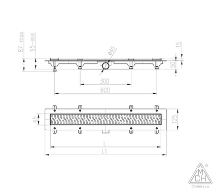 Rigola de interior MCH  cu rama si gratar de inox KLASIK/FLOOR lucioasa, 350 mm