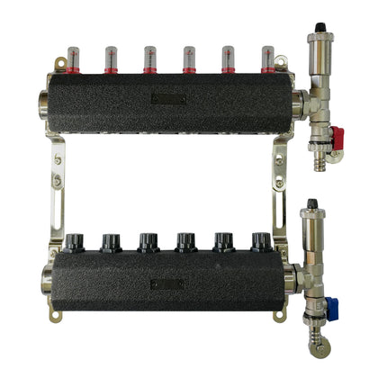 Set de distribuitor din inox cu debimetre, izolatie anticondens, robinet de golire, aerisitor automat, 1