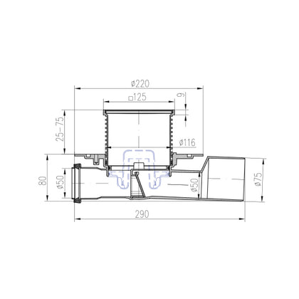 Sifon de pardoseal MCH universal cu intrari multiple, iesire laterala DN50/75 cu cadru din plastic cu flansa din otel inoxidabil