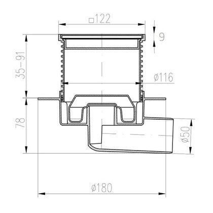Sifon de pardoseala MCH iesire orizontala D50/H reglabil cu gratar de inox Labyrinth 125x125 si guler
