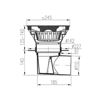 Receptor de exterior cu iesire orizontala D110/250 cu gratar de fonta, MCH Chudej