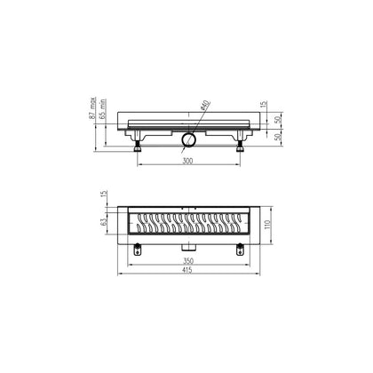 Rigola de interior montate la perete MCH cu rama si gratar de inox KLASIK/FLOOR lucioasa, 350 mm