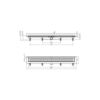 Rigola de interior montate la perete MCH cu gratar de inox BASIC mata, 750 mm