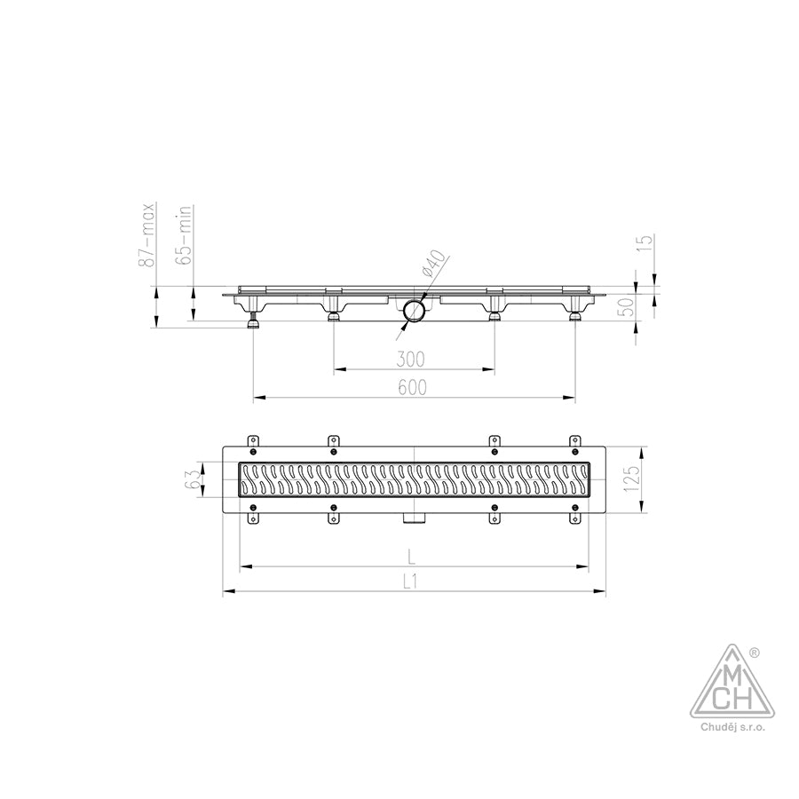 Rigola de interior MCH cu gratar de inox MEDIUM lucioasa, 950 mm