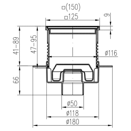 Sifon de pardoseala Neptun iesire verticala D50/h reglabil cu gratar de inox face 125x125 si guler, MCH Chudej
