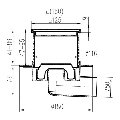 Sifon de pardoseala Neptun iesire orizontala D50/h reglabil cu gratar de inox face 125x125 si guler, MCH Chudej