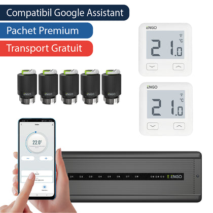 Pachet premium automatizare incalzire in pardoseala cu fir, control pe telefon, 5 circuite - 2 zone, ENGO