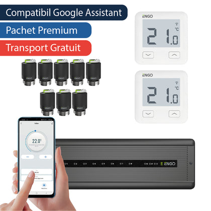 Pachet premium automatizare incalzire in pardoseala cu fir, control pe telefon, 8 circuite - 2 zone, ENGO