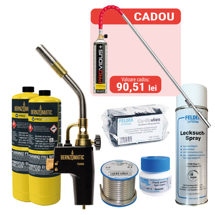 Pachet lipire tevi de cupru – arzator BERNZOMATIC TS8000 + 2 butelii PRO/MAX + accesorii FELDER + arzator PROVIDUS cadou